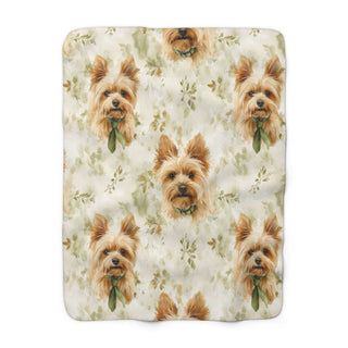 Yorkie Portrait Sherpa Blanket with watercolor dog design and plush fleece backing, 50x60 inches