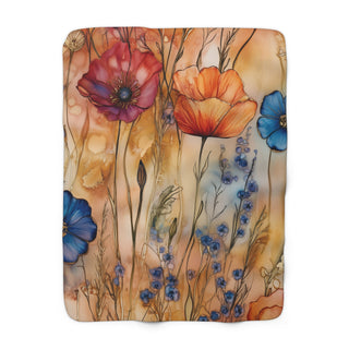 Cozy Poppy & Wildflower Sherpa Blanket with plush fleece and watercolor floral design