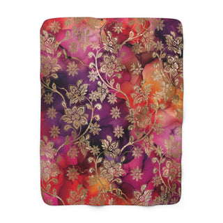 Pink and gold velvet sherpa blanket with floral pattern and plush backside, 50x60 inches