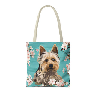 Yorkshire Beach Blue Yorkie Floral Tote Bag