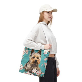 Yorkshire Beach Blue Yorkie Floral Tote Bag