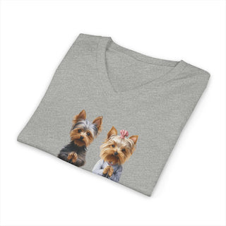 Yorkie Namaste V-Neck T-Shirt with lightweight cotton fabric and yoga dog design