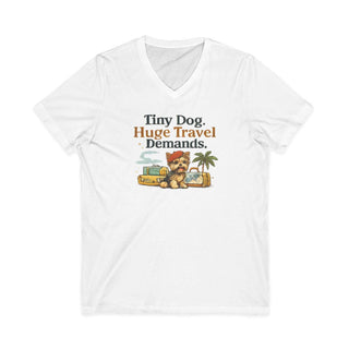 V-neck t-shirt with tiny dog illustration and travel theme