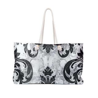 Chic Vintage Weekender Bag with cream rope handles and black-white pattern, 24x13 inches, spacious and stylish travel accessory