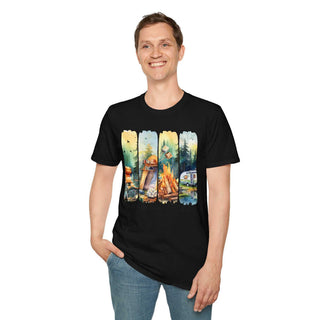 Man wearing black Camping Adventure Unisex T-Shirt with colorful camping-themed graphic on front