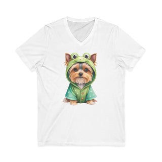 Yorkie in Frog Hoodie V-Neck T-Shirt