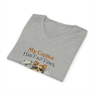 My Copilot Has Four Paws V-neck t-shirt with dog and dashboard design, lightweight cotton, casual fit