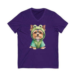 Yorkie in Frog Hoodie V-Neck T-Shirt