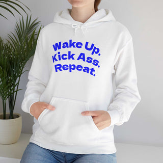 Black hoodie sweatshirt with "Wake Up. Kick Ass. Repeat." bold chest text and kangaroo pocket