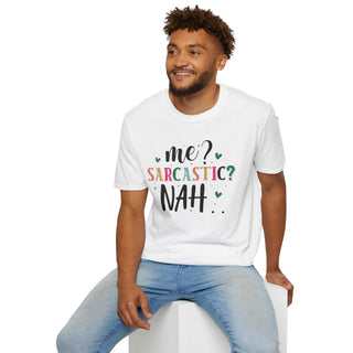 Sarcastic humor t-shirt with witty "Me Sarcastic?" text in unisex softstyle cotton