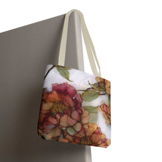 Vintage Peony Tote Bag with watercolor floral print and cream handles, lightweight polyester fabric