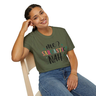 Unisex sarcastic humor t-shirt with witty "Me Sarcastic?" design, soft cotton, casual style, size guide included
