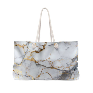 Marble Design Weekender Bag with gold accents and cotton rope handles, 24"x13" roomy travel tote