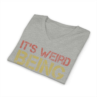 Trendy V-neck T-shirt with "It's Weird Being the Same Age as Old People" quote, lightweight cotton, stylish and comfortable