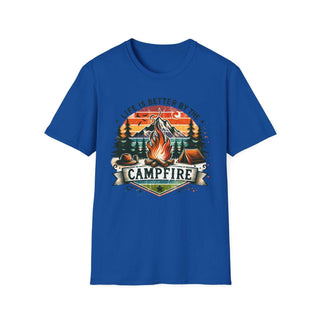 Blue unisex t-shirt with a colorful campfire design and text "Life is Better by the Campfire" and "Campfire" banner, perfect for camping adventure fans.