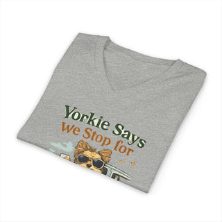 Yorkie Says We Stop for Puppuccinos & Dog Parks V-neck tee with playful Yorkie graphic and lightweight cotton fabric