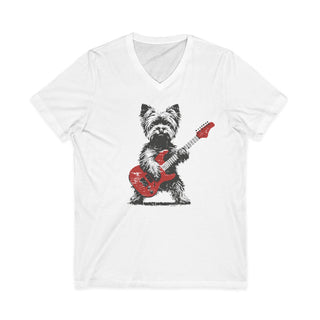 Yorkie Playing Red Guitar V‑Neck T-Shirt
