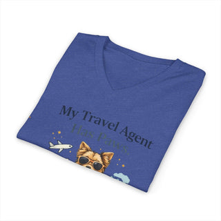 My Travel Agent Has Paws V-neck t-shirt with smiling dog holding passport and boarding pass design
