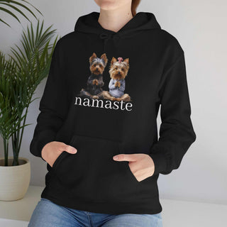 White Yoga Namaste Hoodie with two seated Yorkshire Terriers and kangaroo pocket