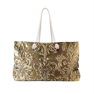 Gold Damask Weekender Bag with cream rope handles and structured T-bottom, 24x13 inches
