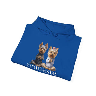 Yoga Namaste Hoodie with two seated Yorkshire Terriers and kangaroo pocket in white cotton-poly blend