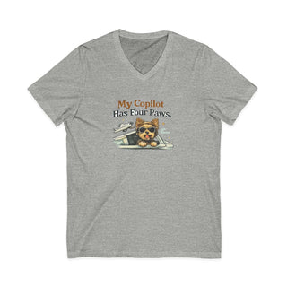 My Copilot Has Four Paws V-neck t-shirt with relaxed dog graphic and breathable cotton fabric