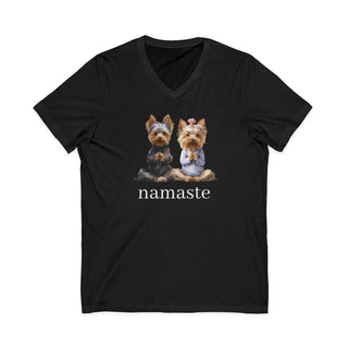 Yorkie Namaste V-Neck T-Shirt lightweight cotton yoga tee with dog design