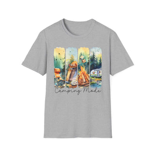 Grey unisex T-shirt with colorful camping-themed illustration and "Camping Mode" text.