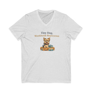 Tiny Dog Worldwide Reputation V-neck t-shirt with suitcase graphic and soft cotton fabric