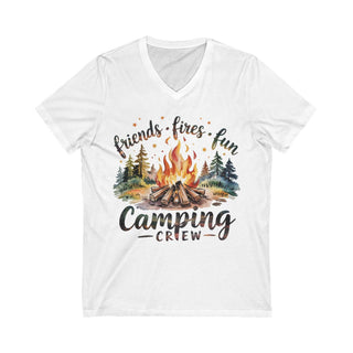 White unisex jersey short sleeve V-neck tee with camping crew fire and forest graphic print
