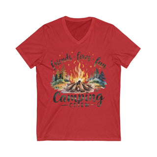 Red Unisex Jersey Short Sleeve V-Neck Tee with camping fire graphic and "friends lives fun Camping Crew" text