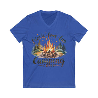 Unisex blue jersey short sleeve V-neck tee with camping crew campfire design