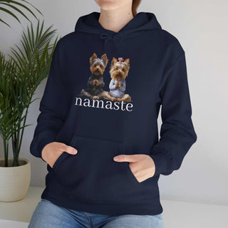 White Yoga Namaste Hoodie with Yorkshire Terrier design and kangaroo pocket