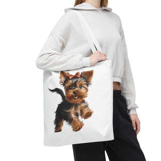 Yorkie puppy tote bag with hand-painted Yorkshire Terrier and red bow on white background