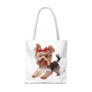 Yorkie puppy tote bag with hand-painted Yorkshire Terrier and red bow on white background