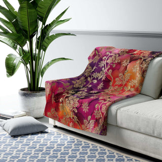 Pink and gold velvet sherpa blanket with vibrant floral print and plush fleece backside, 50x60 inches