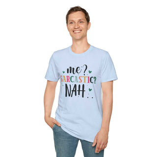 Unisex sarcastic humor t-shirt with "Me Sarcastic?" text, soft 100% cotton, multiple sizes, casual style