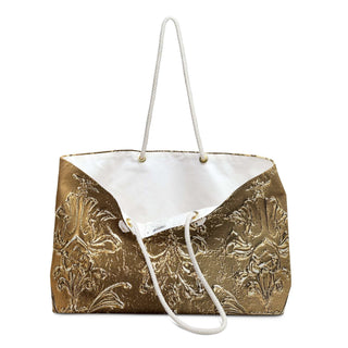Gold Damask Weekender Bag with antique-gold damask print and cream rope handles, 24"x13" size