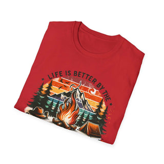 Red unisex t-shirt with a vibrant campfire and mountain design and the text "Life is better by the campfire"