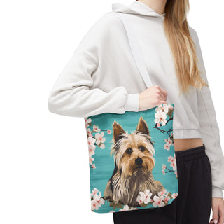 Yorkshire Beach Blue Yorkie Floral Tote Bag