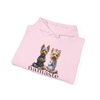 White Yoga Namaste Hoodie with two Yorkshires and kangaroo pocket