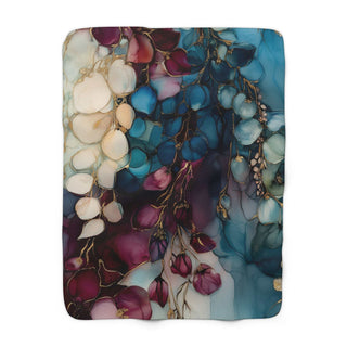 Cobalt Wisteria Sherpa Blanket with painterly floral design and plush fleece backing, 50x60 inches
