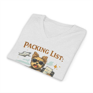 Yorkie Road Trip packing list V-neck tee with retro dog illustration and treat-themed design