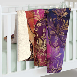 Boho Damask Sherpa Blanket 50x60 inches with plush sherpa fleece and ornate damask print in deep jewel tones