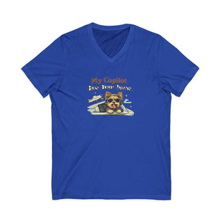 My Copilot Has Four Paws V-neck T-shirt with relaxed dog design and lightweight cotton fabric
