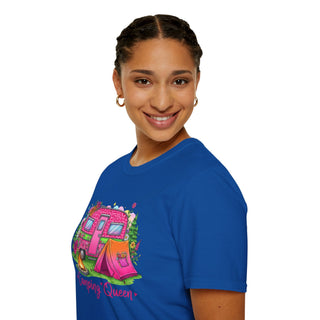 Woman wearing a blue Camping Queen T-Shirt with a colorful pink camper and tent design