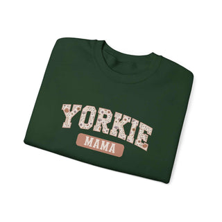 Cozy Yorkie Mom Crewneck sweatshirt with embroidered detail, medium-weight fleece, durable stitching, and ribbed collar for dog lovers