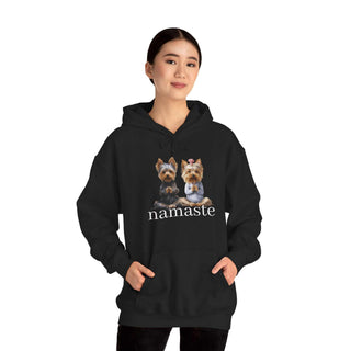 Yoga Namaste Hoodie with playful Yorkshire Terriers and cozy kangaroo pocket