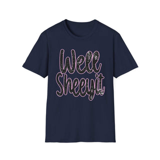 Navy casual statement tee with "Well Sheeyit!" text, unisex softstyle cotton shirt.