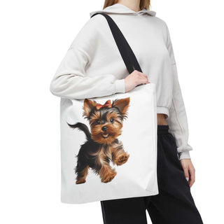 Yorkie puppy tote bag with hand-painted style Yorkshire Terrier and red bow on white background